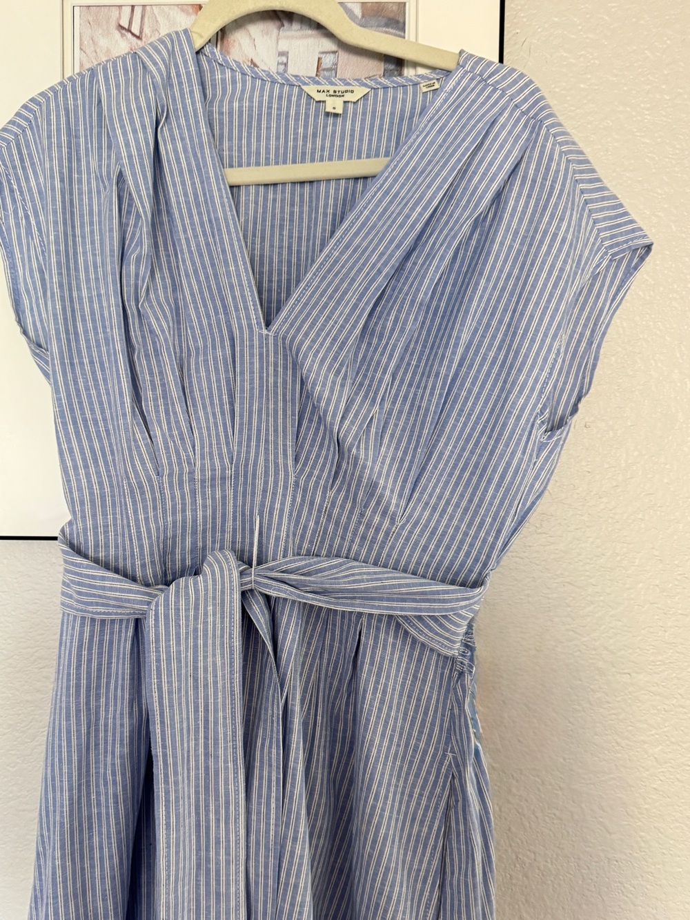 Max Studio Light Blue Stripe Tie-Waist Midi Dress size Small - Picture 9 of 16